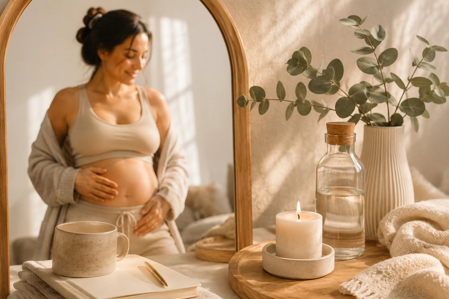 Une jeune maman souriante prenant soin de sa peau après l'accouchement
